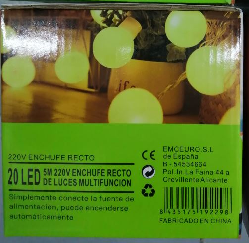 GUIRNALDA 20 LED, 5M, 220V, ENCHUFE RECTO DE LUCES MULTIFUNCIN